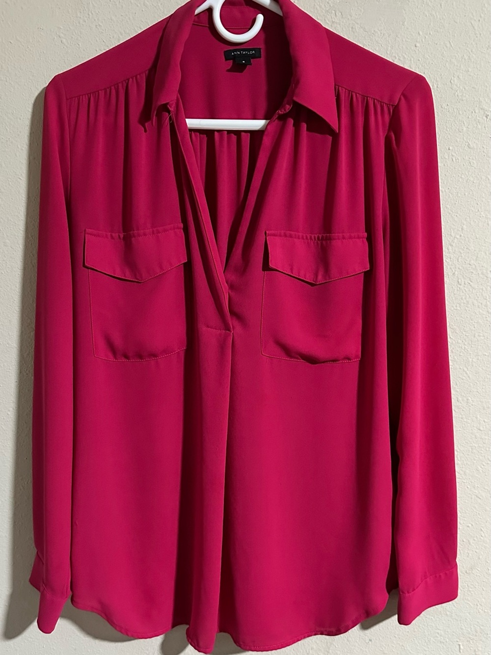 Ann Taylor Hot Pink Long-Sleeve Split-Neck Blouse